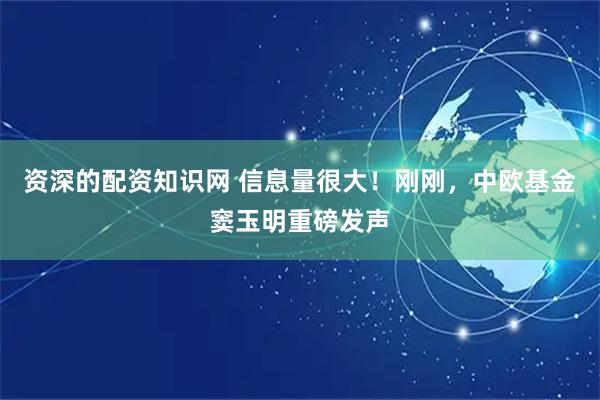 资深的配资知识网 信息量很大！刚刚，中欧基金窦玉明重磅发声